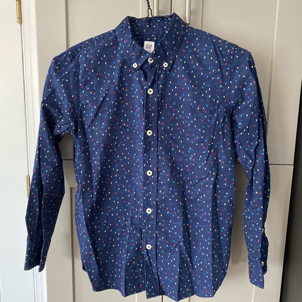 GAP Blue Button-Up Boys Dress Shirt with Multicolor Christmas Bulb Design